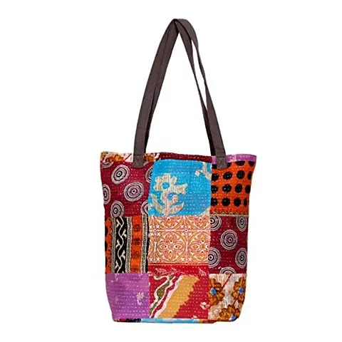 Indiweaves Womens Kantha Work Canvas Handle Handmade Tote Bag, Vintage Top Handle Shoulder Bag-MultiColor_82100-147-IW-SFFBA