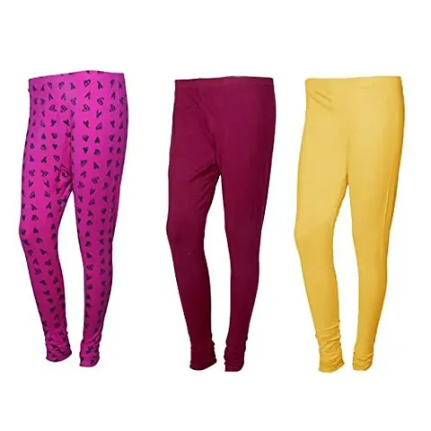 IndiWeaves Womens Churidar Leggings Combo(Pack of 1 Legging and 2 Solid Legging)_Pink::Purple_FREE SIZE