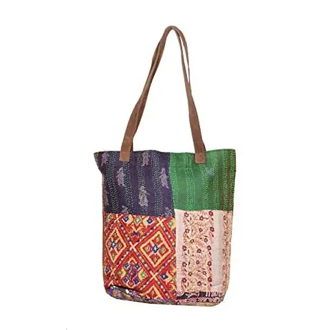 IndiWeaves Womens Silk Kantha Work Leather Handle Handmade Tote Bag, Top Handle Shoulder Bag