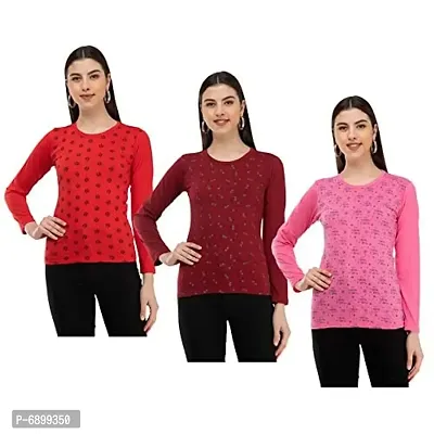 IndiWeaves Women's Full Sleeve Printed Cotton T-Shirts Pack of 3