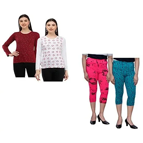 indi weaves Women's Full Sleeve T-Shirts and Lycra Capris Pack of 4