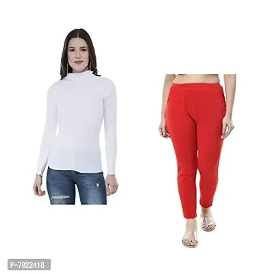 IndiWeaves Women's Wollen Warm High Neck and Woolen Trouser Pants For Winters (White,Red,42) Pack Of 2