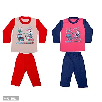 Indiweaves Kids Pure Cotton Round Neck Baba Suit (T-Shirt and Bottom) Red  Pink/Pink  Blue-3 to 3.5 Years-(10000-0105)