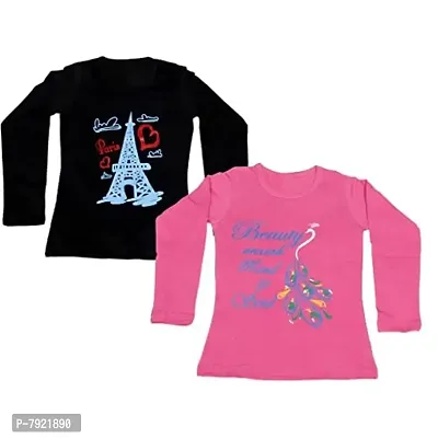 IndiWeaves Girls Cotton Full Sleeves Printed T-Shirt Pack of 2(10200-0131048-IW-P2-L1-FBA_Pink::Black_9-10 Years)