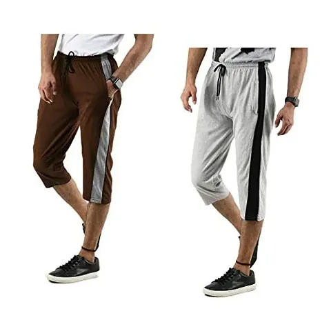 IndiWeaves Men's Casual Dual Side Pockets 3/4th Track Pants (Grey,Brown,42) Pack of 2