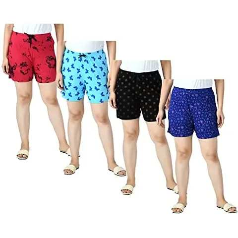 IndiWeaves Women's Cotton Printed Regular Shorts [Pack of 4]