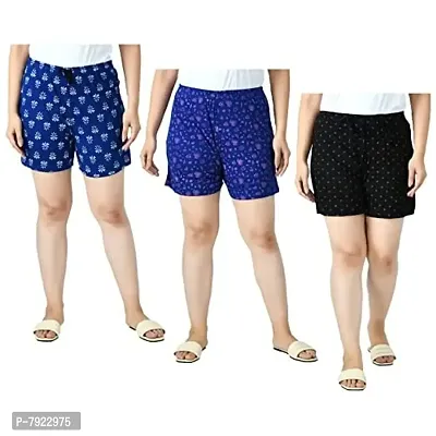 IndiWeaves Women's Cotton Printed Regular Shorts [Pack of 3] Black, Blue, Royal Blue