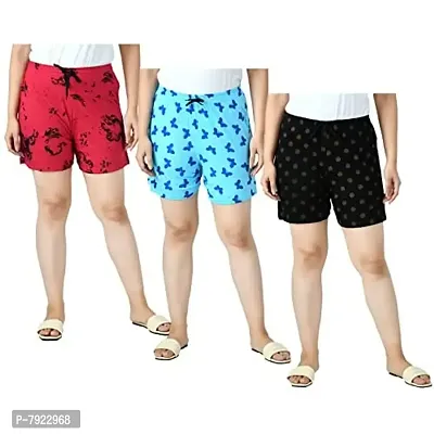 IndiWeaves Women's Cotton Printed Regular Shorts [Pack of 3] Black1, Skyblue1, Red