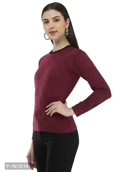 IndiWeaves Women's Full Sleeve Printed Fleece Warm T-Shirt for Winters (Maroon,XXL) Pack of 1-thumb3