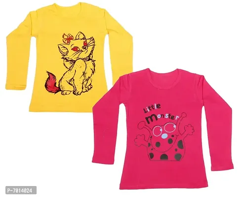 IndiWeaves Girls Cotton Full Sleeve Printed T-Shirt Pack of 2(10200-0204-IW-P2-L1_Red::Yellow_9-10 Years)