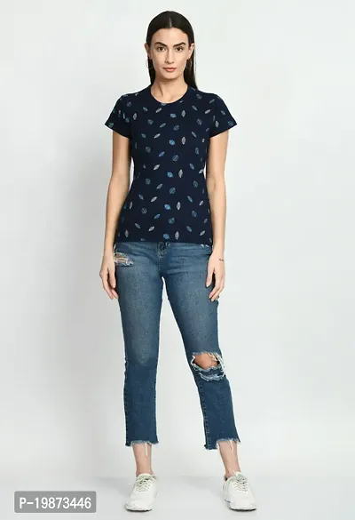 Stylish Navy Blue Cotton Printed Tshirt For Women-thumb2