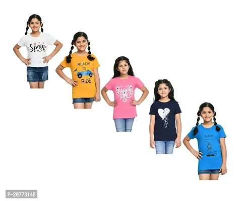 Girls Combo Cotton Printed Half Sleeves Round Neck T-shirts