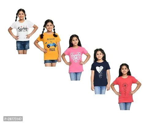 Girls Combo Cotton Printed Half Sleeves Round Neck T-shirts