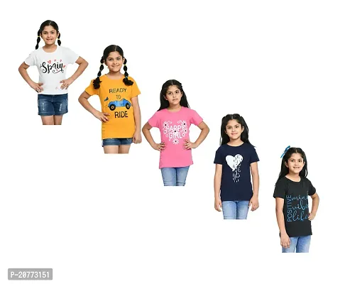 Girls Combo Cotton Printed Half Sleeves Round Neck T-shirts