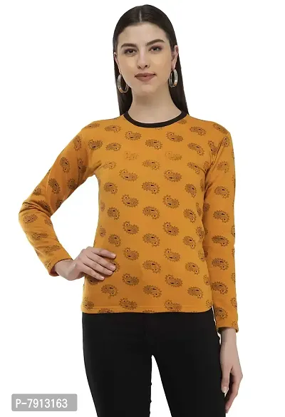 IndiWeaves Women's Full Sleeve Printed Fleece Warm T-Shirt for Winters (Mustard,L) Pack of 1