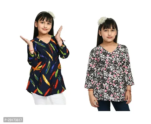 Stylish Multicoloured Crepe Printed Tops For Girls Pack Of 2-thumb0