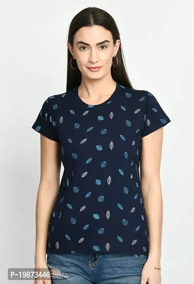 Stylish Navy Blue Cotton Printed Tshirt For Women