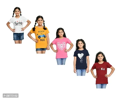 Girls Combo Cotton Printed Half Sleeves Round Neck T-shirts