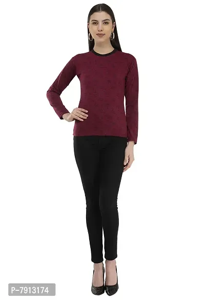 IndiWeaves Women's Full Sleeve Printed Fleece Warm T-Shirt for Winters (Maroon,XXL) Pack of 1-thumb5