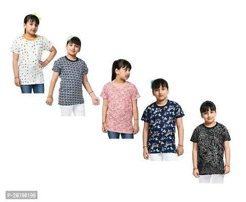 Stylish Multicoloured Crepe Printed Tee For Girls Pack Of 5