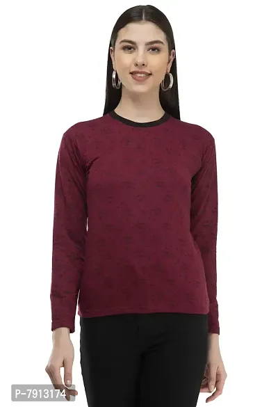 IndiWeaves Women's Full Sleeve Printed Fleece Warm T-Shirt for Winters (Maroon,XXL) Pack of 1