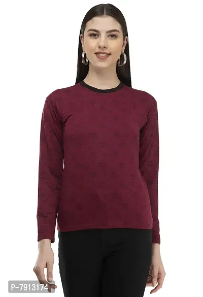 IndiWeaves Women's Full Sleeve Printed Fleece Warm T-Shirt for Winters (Maroon,XXL) Pack of 1-thumb1