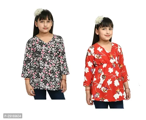 Stylish Multicoloured Crepe Printed Top For Girls Pack Of 2-thumb0