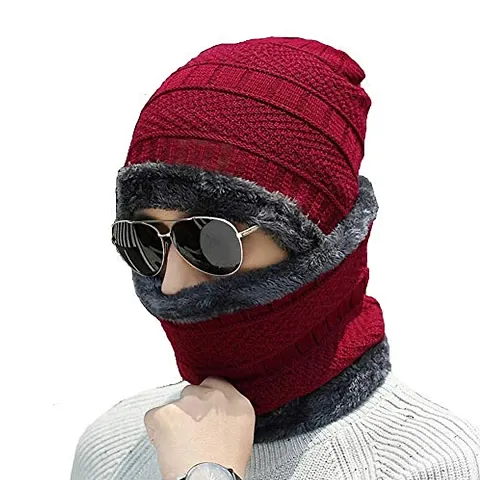 GLAMAXY Men Cap with Neck Scarf Cap, Winter Cap Neck Scarf with Fleece, Unisex Beanie Cap with Neck Warmer for Men Women,Thermal Cap,Thick Fluffy Woolen Cap (Maroon)