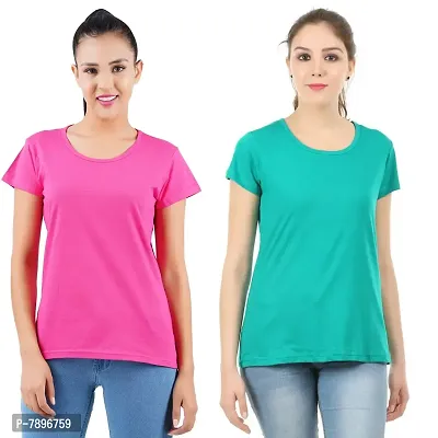 Midaas Womens Cotton Solid Tshirt Dark Pink::Green Small Pack of 2-thumb0