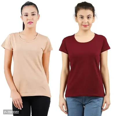 Midaas Womens Cotton Solid Tshirt Beige::Maroon Medium Pack of 2-thumb0