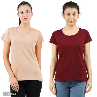 Midaas Womens Cotton Solid Tshirt Beige::Maroon Small Pack of 2