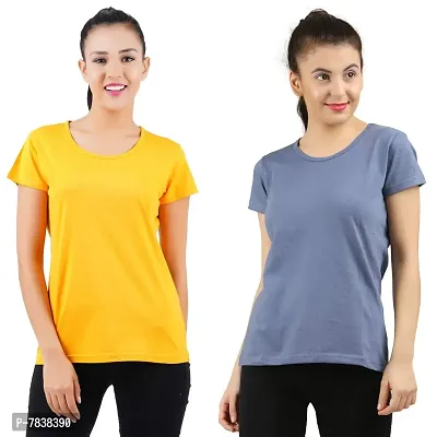 Midaas Womens Cotton Solid Tshirt Beige::Black Pack of 2