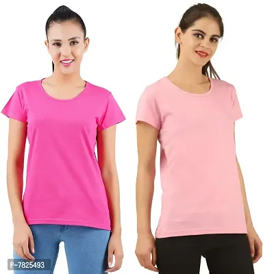 Midaas Womens Cotton Solid Tshirt Beige::Dark Pink Pack of 2