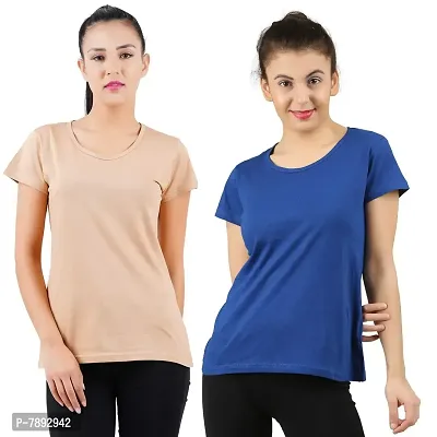 Midaas Womens Cotton Solid Tshirt Beige::Black Pack of 2-thumb0