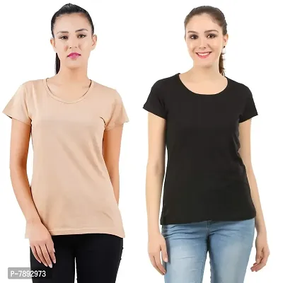 Midaas Womens Cotton Solid Tshirt Beige::Black Small Pack of 2-thumb0