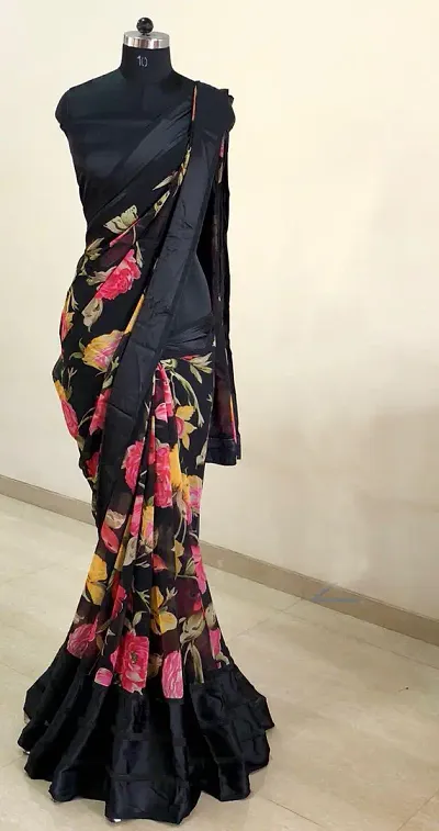 New Trendy Georgette Printed Satin Patta Sarees with Blouse Piece