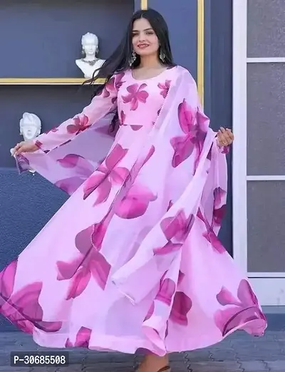 Elegant Pink Printed Georgette Stitched Gown With Dupatta For Women-thumb0