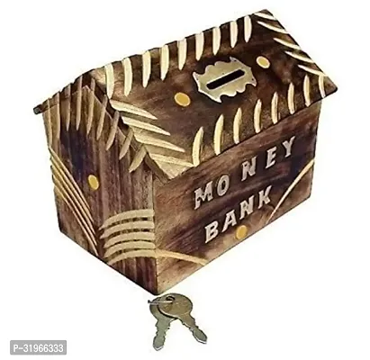 Wooden Hut Shaped Money Bank with Lock and Keys-thumb0