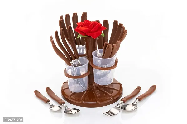 Fency Cutlery Set for Dining Table with Stand-24 Piece Stainless Steel with Plastic Cutlery Set- 6 Table Spoons, 6 Tea Spoons, 6 Forks, 6 Dessert Spoons-thumb0