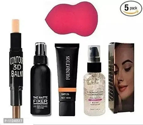 Trendy Makeup Combo 1 Spray Primer,1 Contour Stick, Foundation,Setting Sray Fixer, Puff