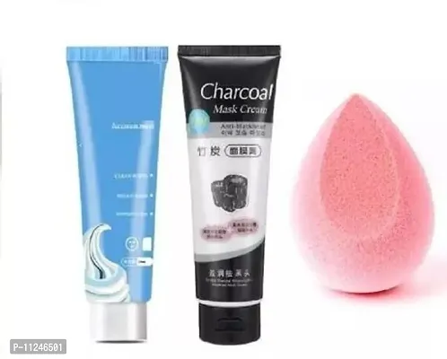 Trendy Ultra Cleaning Ice Cream Mask And Blachead Remover Oil Controal Charcoal Tube Mask And Sponge Blender Random Color