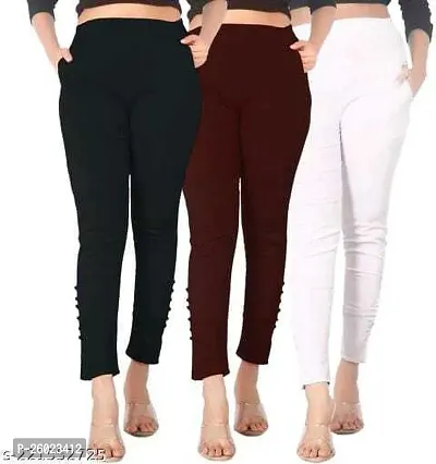 Elegant Multicoloured Cotton Blend Solid Trousers For Women Pack Of 3