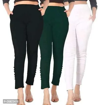 Elegant Multicoloured Cotton Blend Solid Trousers For Women Pack Of 3