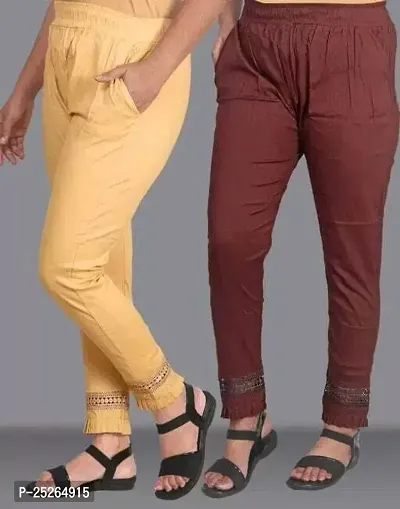 Pack of 2 Women Regular Fit Beige, Brown Cotton Blend Trousers-thumb0