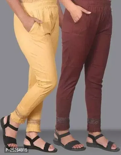 Pack of 2 Women Regular Fit Beige, Brown Cotton Blend Trousers-thumb2