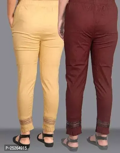 Pack of 2 Women Regular Fit Beige, Brown Cotton Blend Trousers-thumb3