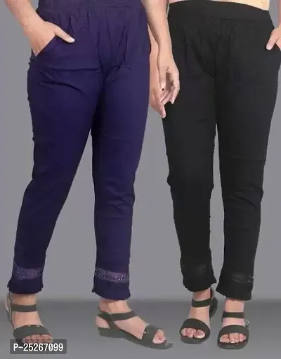 Pack of 2 Women Regular Fit Dark Blue, Black Cotton Blend Trousers