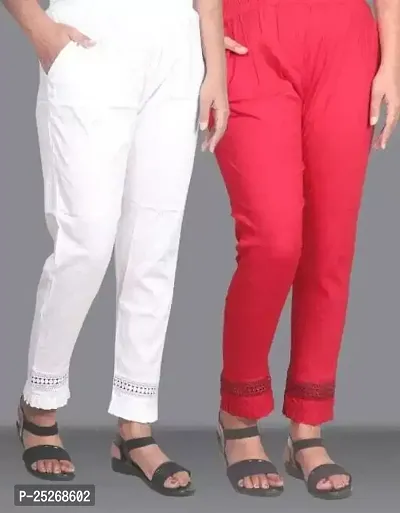 Pack of 2 Women Regular Fit White, Pink Cotton Blend Trousers