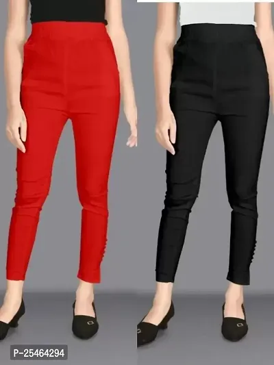 Pack of 2 Women Regular Fit Red, Black Cotton Blend Trousers-thumb0