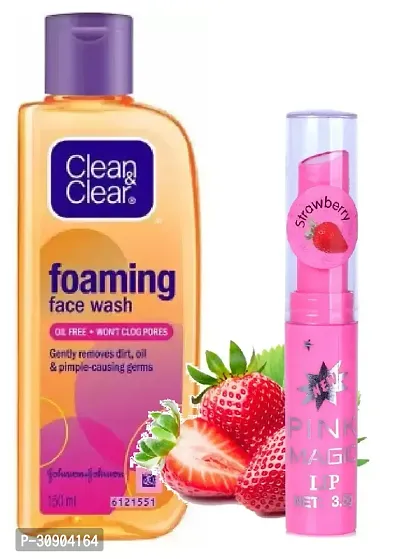 Clean  Clear Foaming Face Wash 150 Ml and Magic Pink Lip Balm-thumb0